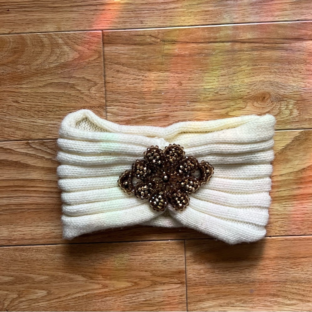 Cream Knit Winter Headband with Brown Beaded Accent